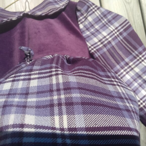 Vintage 80s Girls Dress Purple Plaid Velour 90s Prairie Pioneer Long Sleeves - Picture 6 of 10